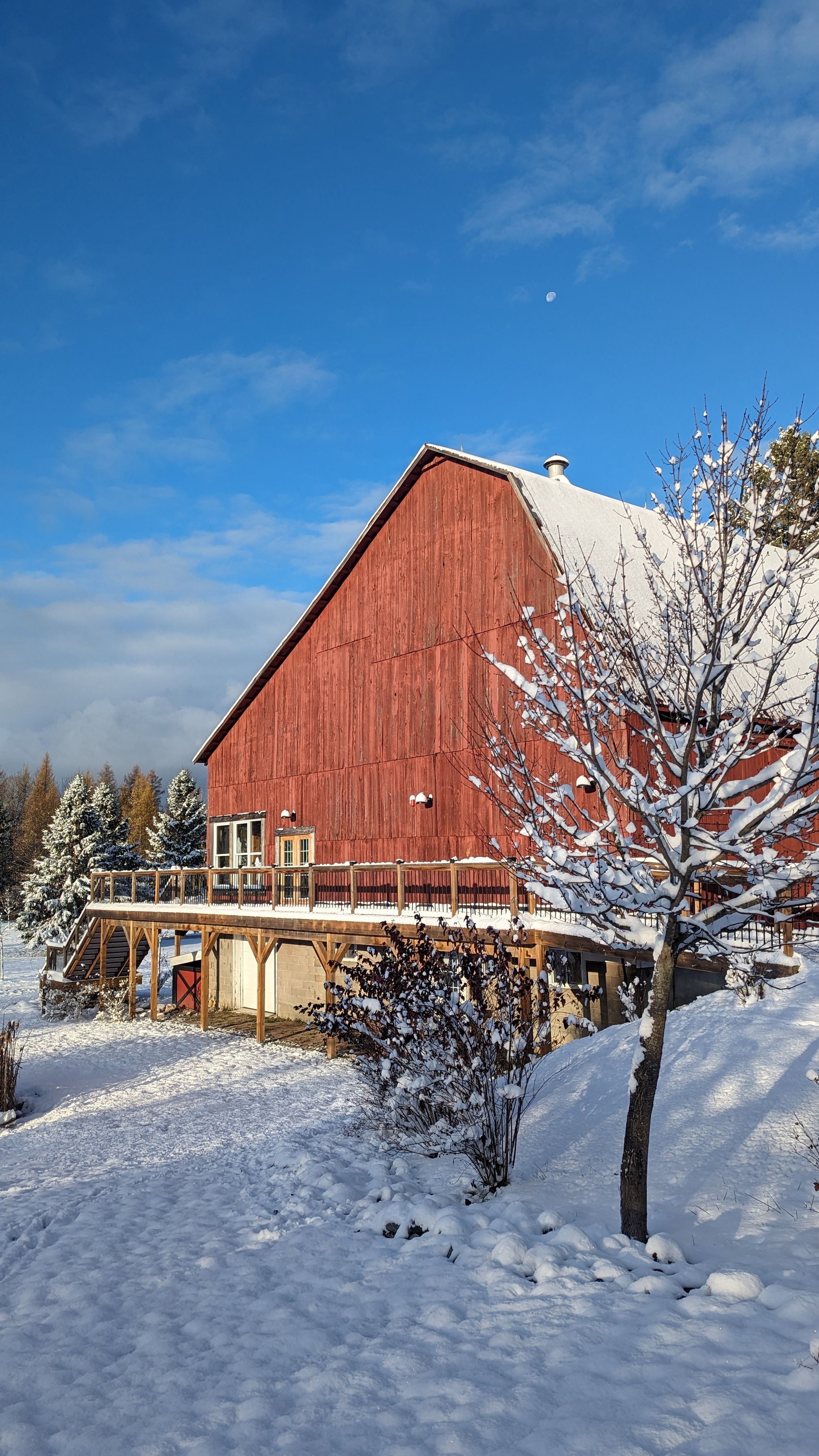 Snow-covered red barn with wooden deck against bright blue winter sky.