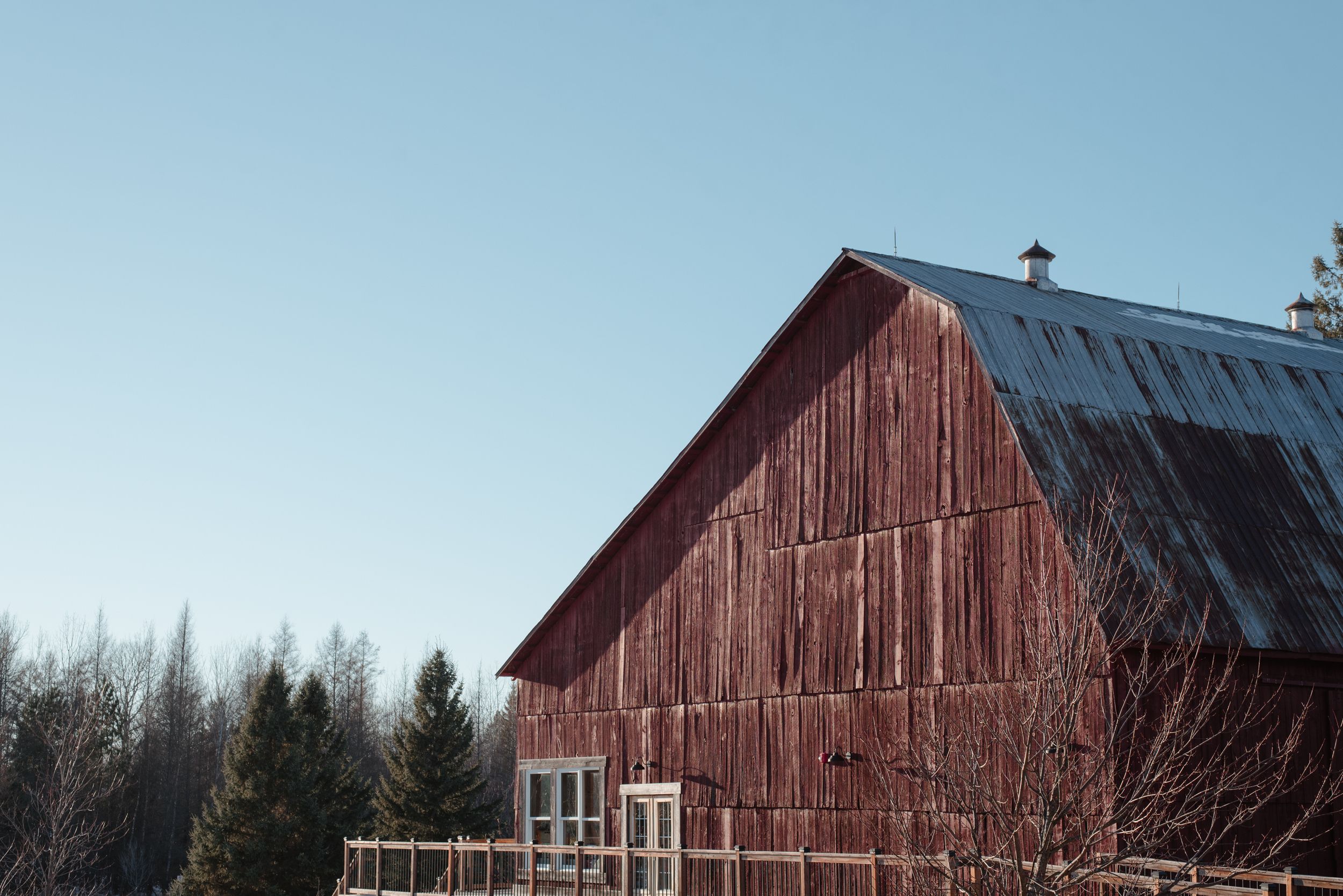 Weathered red barn with metal roof stands against winter forest backdrop.