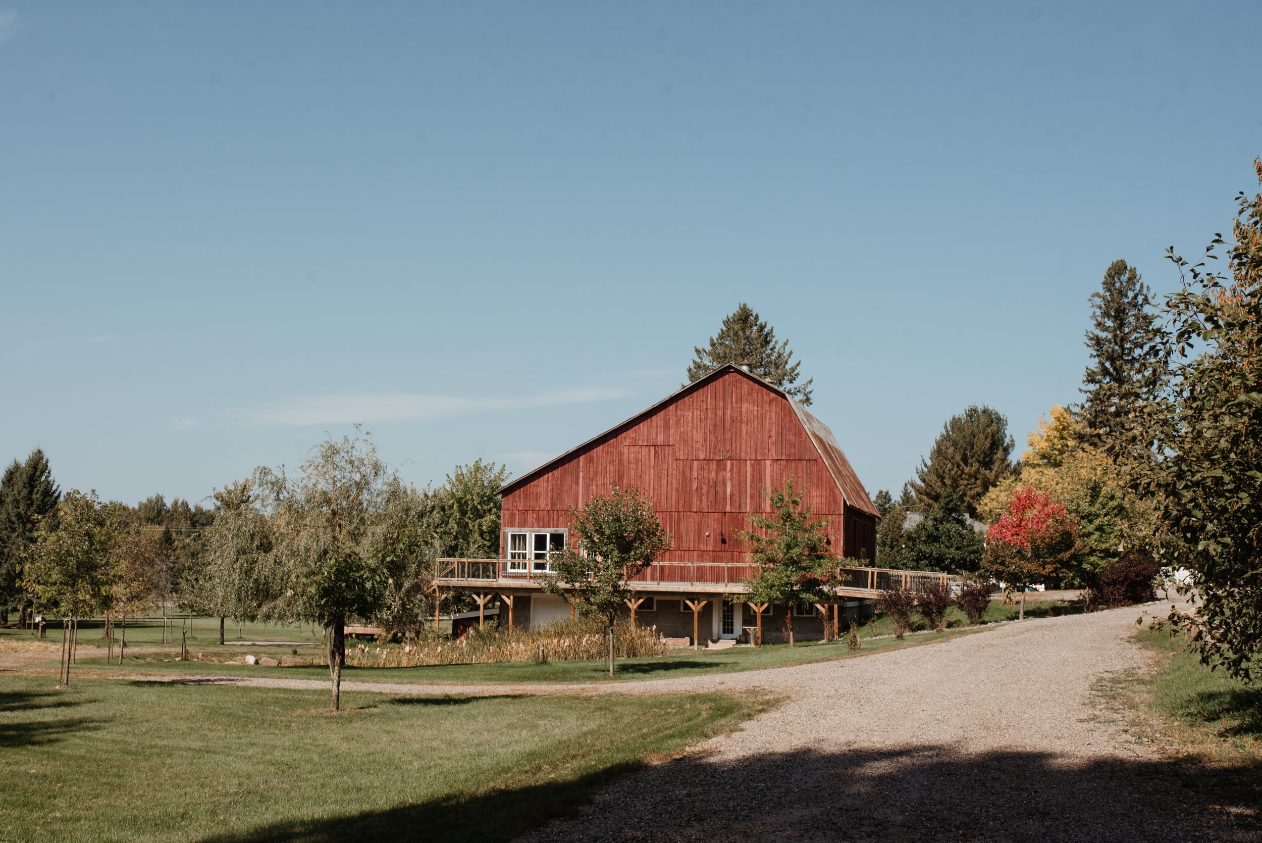 Red barn with wooden deck along dirt path surrounded by autumn trees.