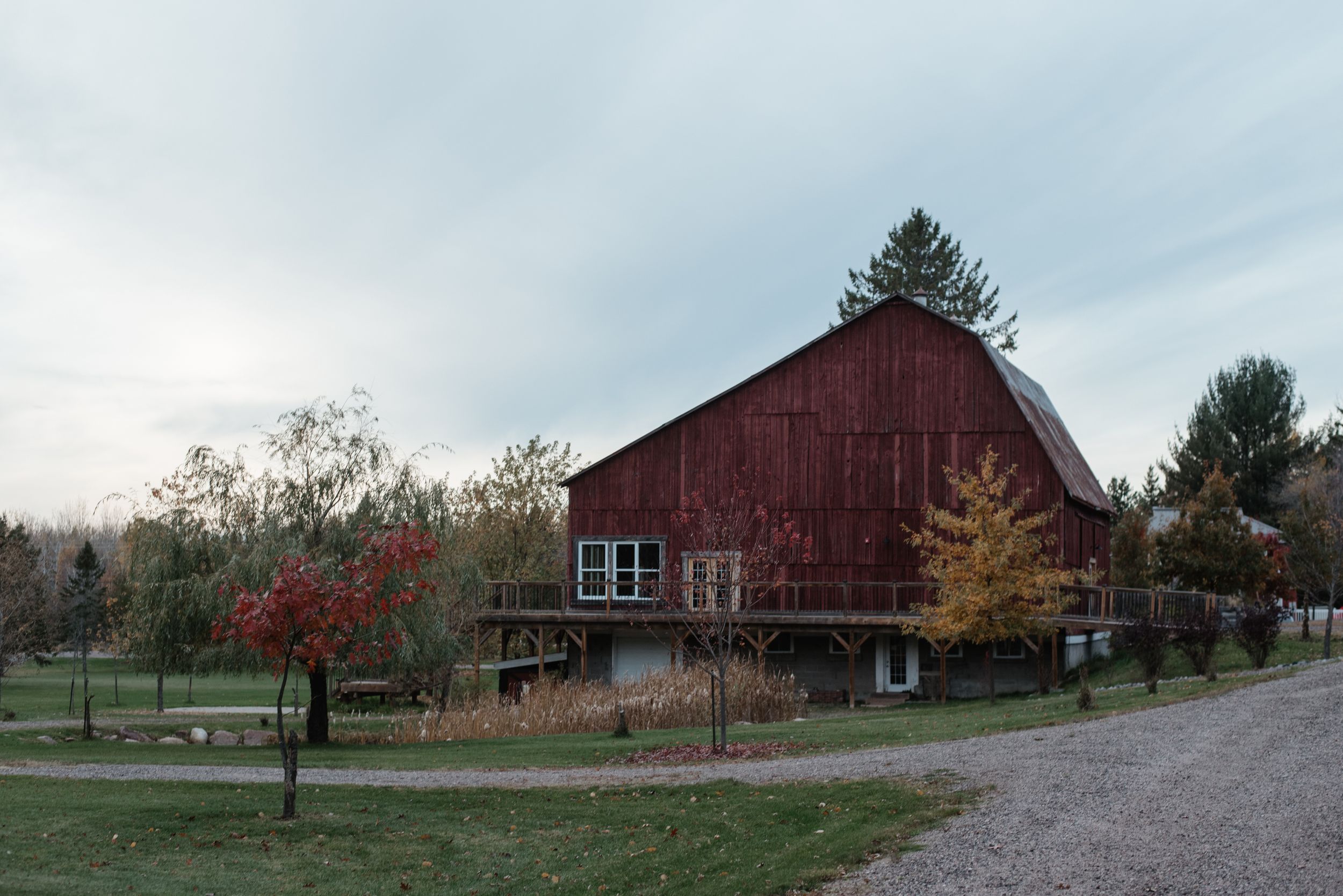 Red barn with wooden deck along gravel path during fall season.