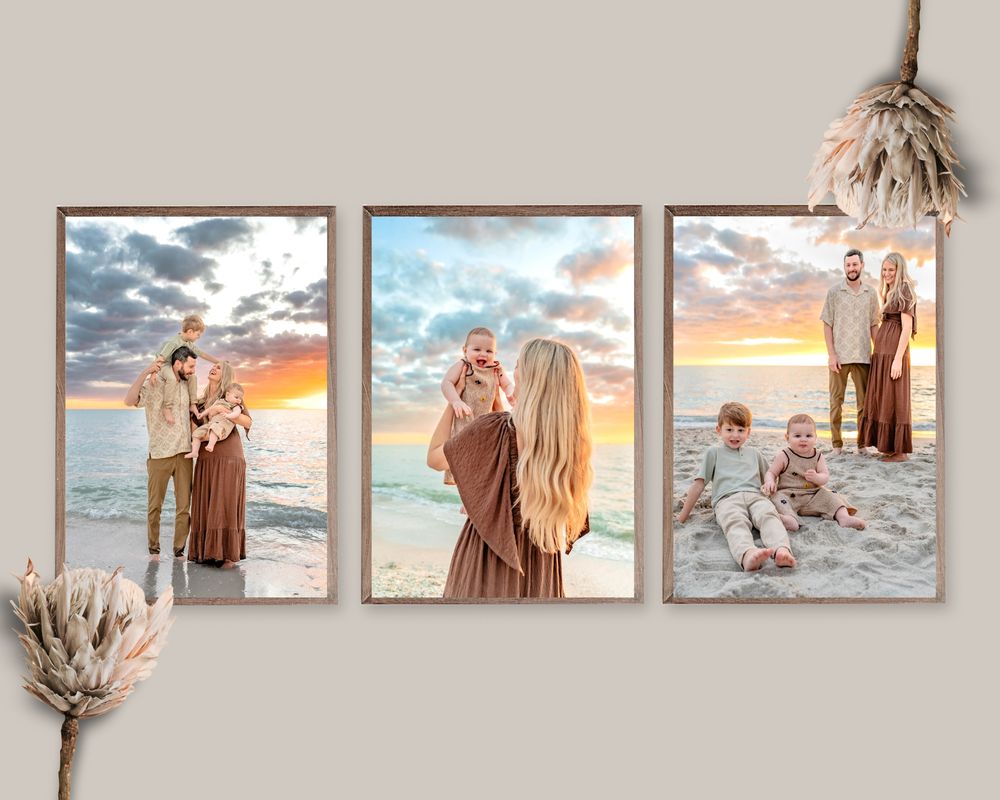 Series of three framed beach sunset photographs arranged on a wall with dried floral accents.