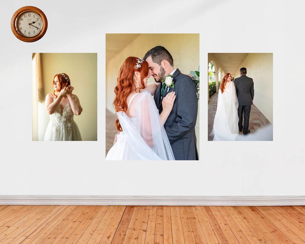 Three frame wedding photo display mounted on white wall with vintage clock.