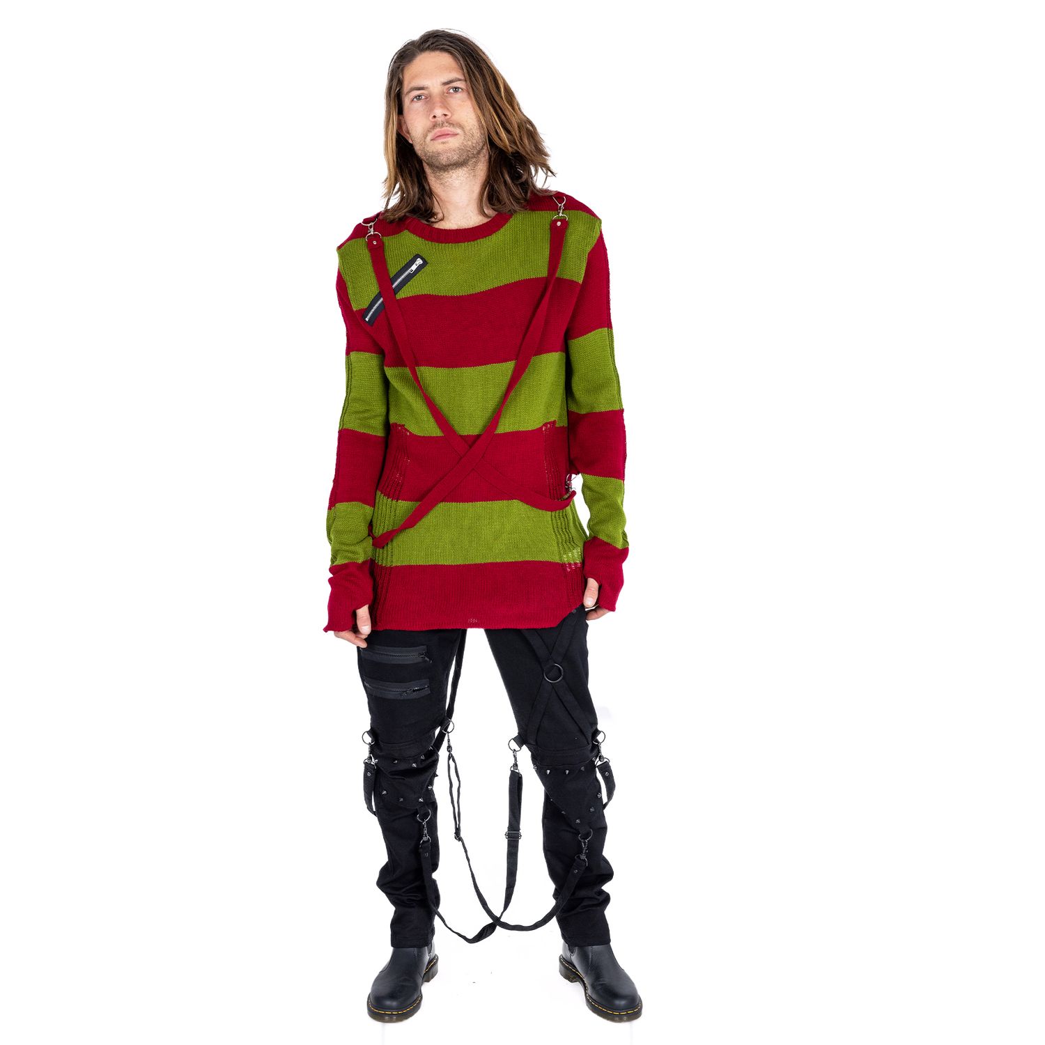 Alternative emo styled male model wearing a small goth fashion brand in a photography studio in hove