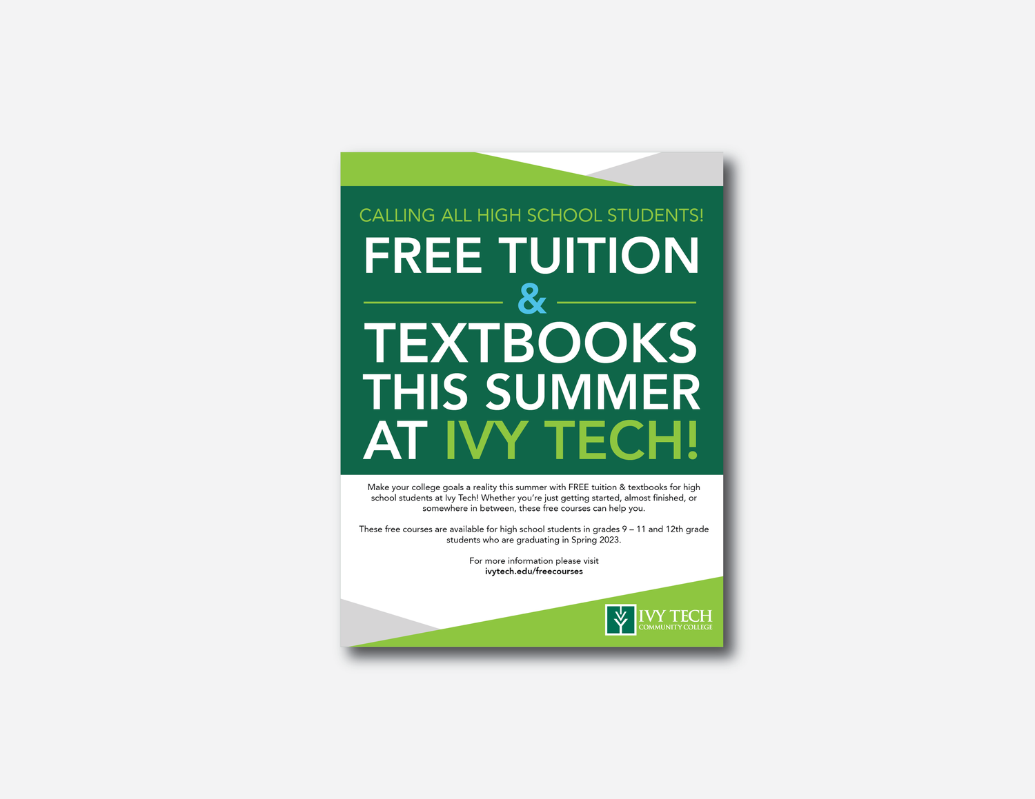 Three green promotional banners advertising free tuition and textbooks at Ivy Tech.
