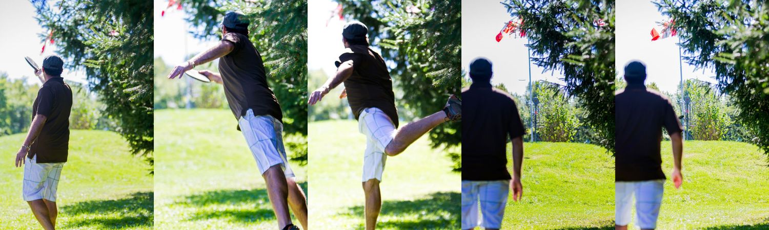 Sequential photos showing the motion of someone throwing a disc in an outdoor setting.
