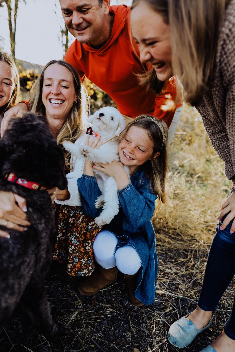 A joyful moment shared with pets as a white puppy gets cuddles outdoors.