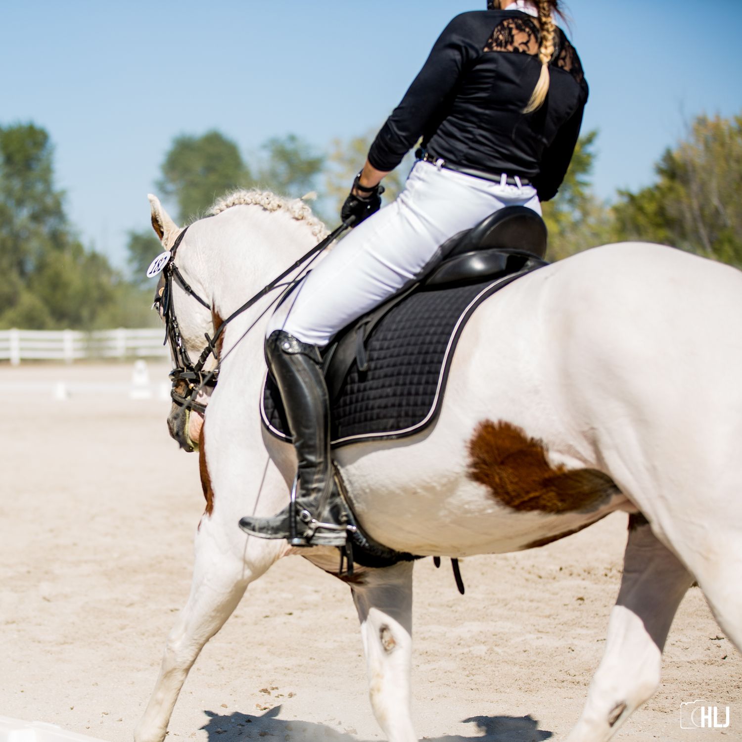 Rider in white breeches and black top rides a white horse in a dressage arena.
