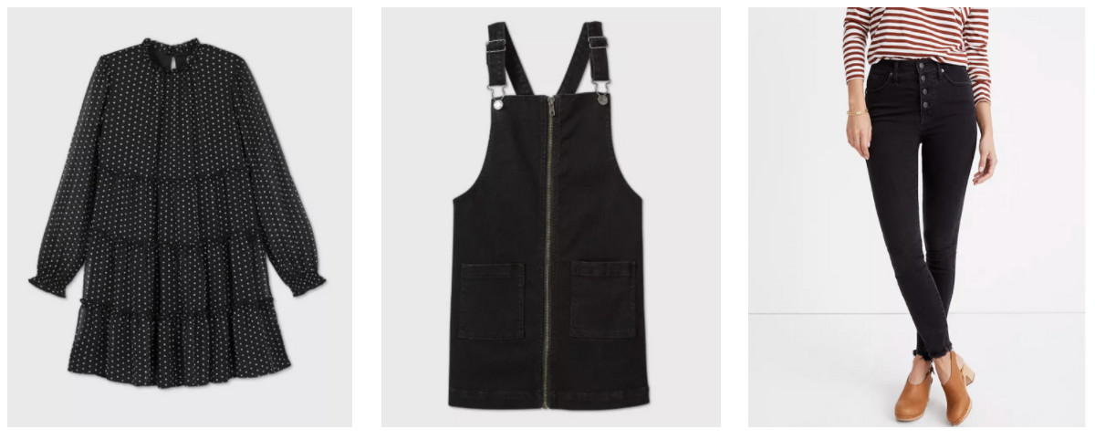 Black clothing collection featuring a tiered dress, overall jumper dress and fitted pants.