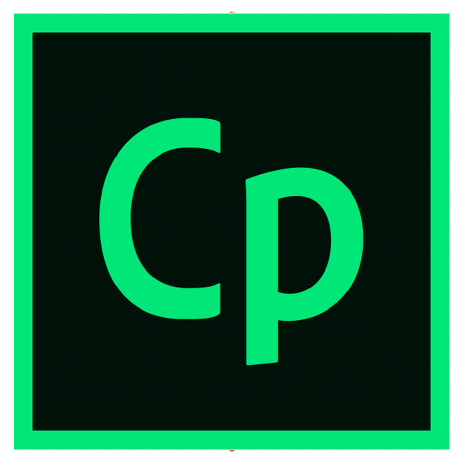 Adobe Captivate logo showing Cp letters in green on dark background.