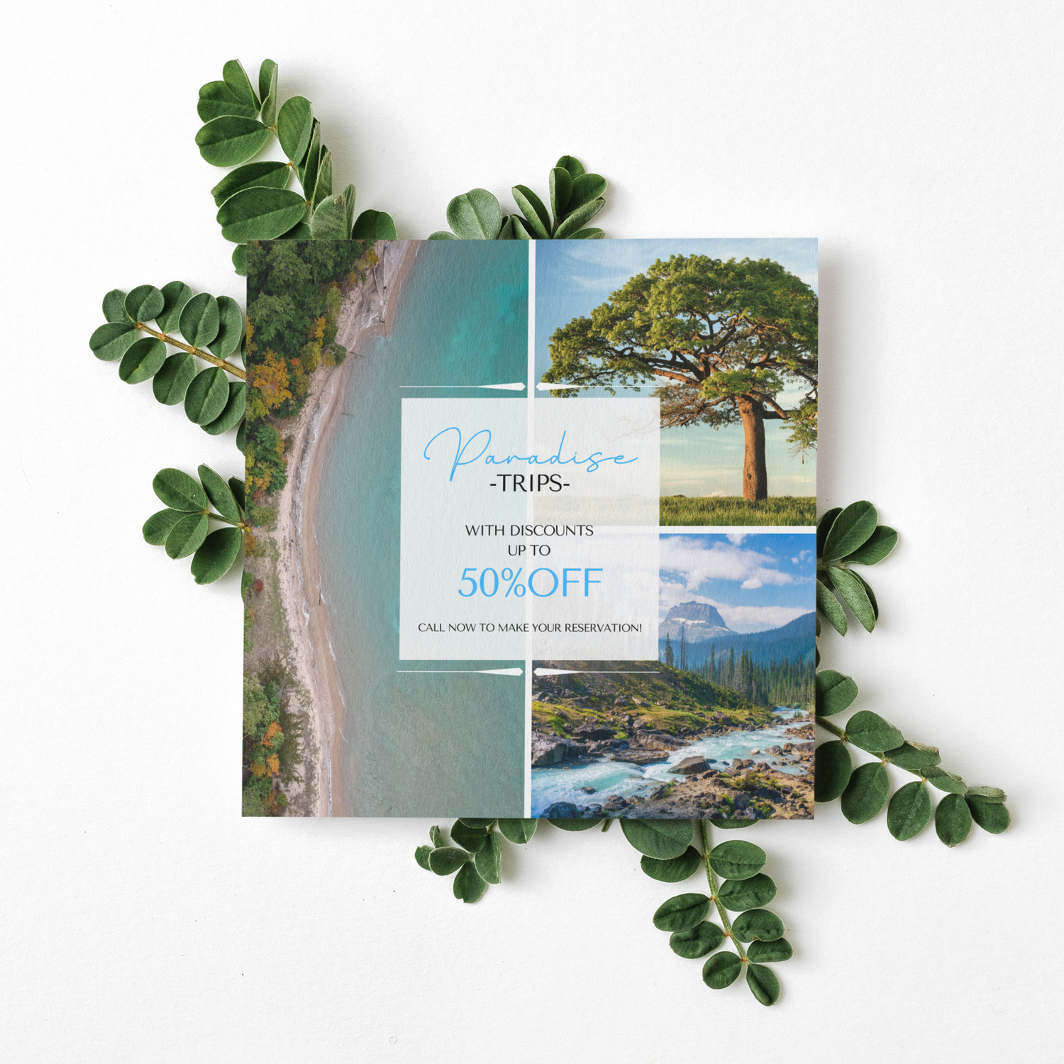 Travel promotion flyer with coastal scenery photos and green leaves arranged on white background.