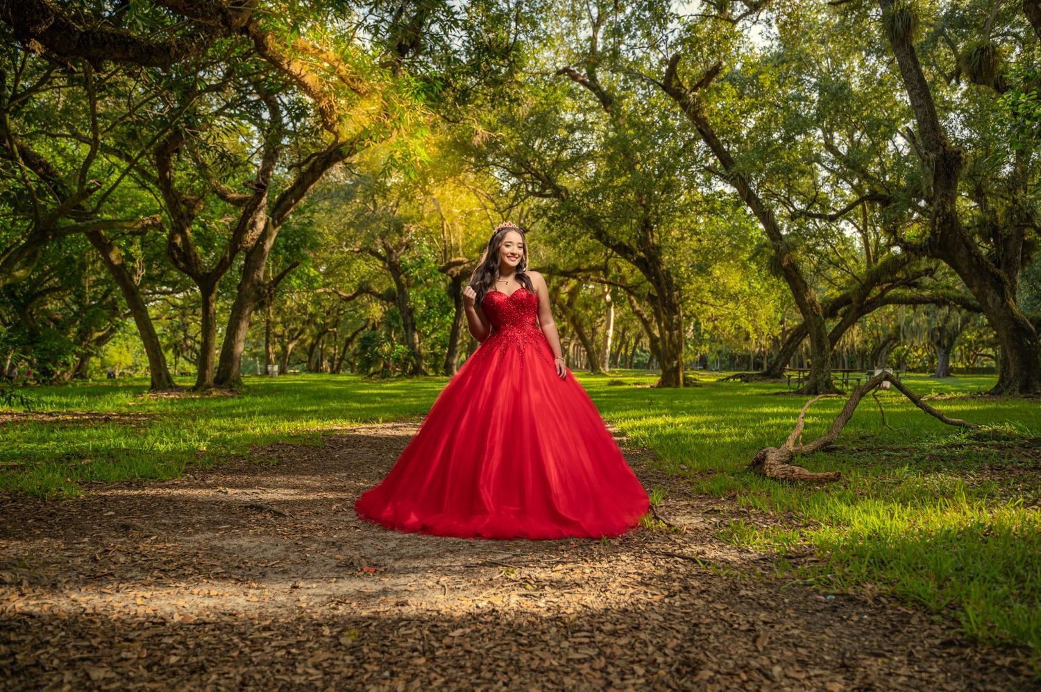 Dramatic red ball gown photo session in a scenic wooded park with fall foliage.