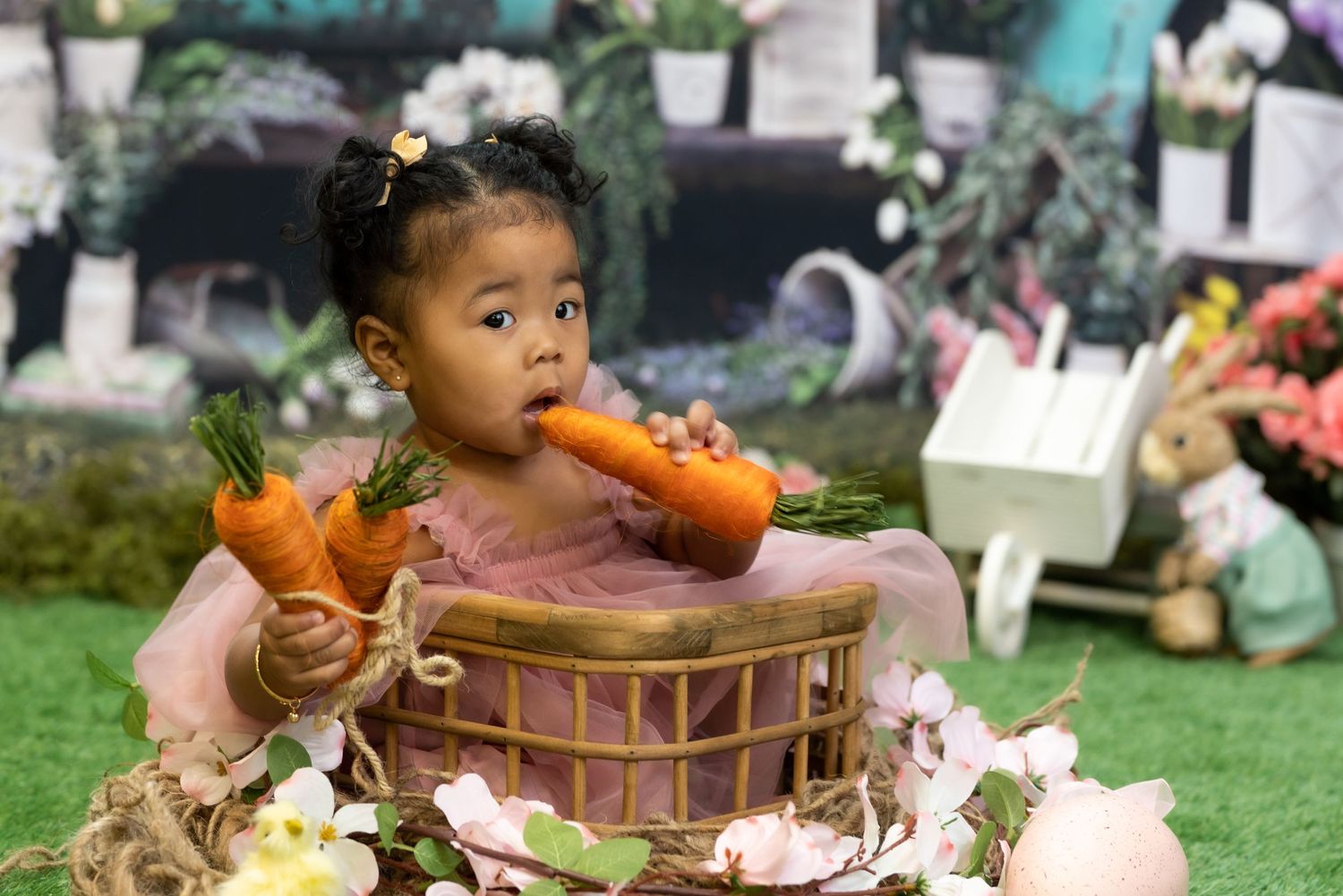 A charming garden tea party scene with carrots and floral decorations.