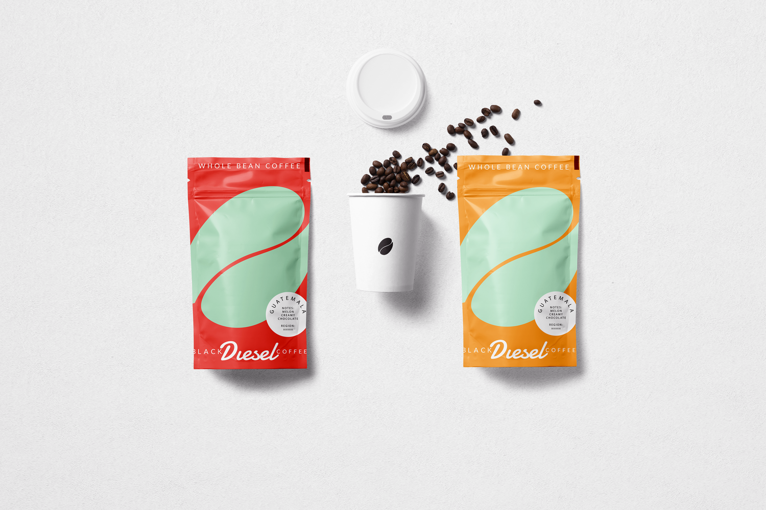Product packaging mockups in white and green colors arranged on light background.