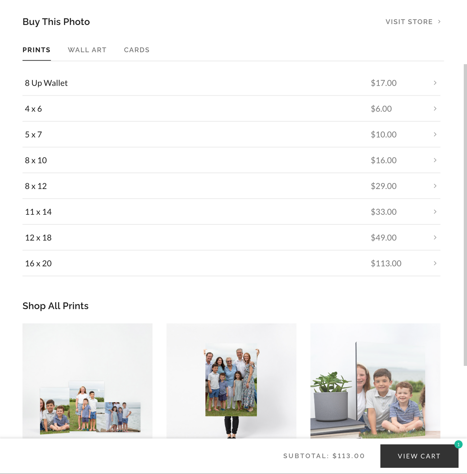 Shopping cart interface displaying photo print options and pricing.