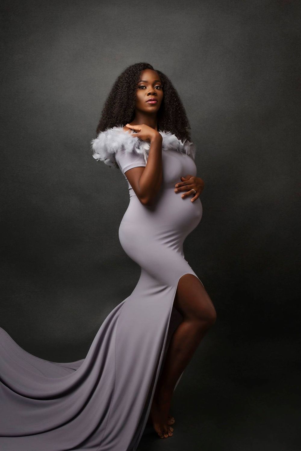 maternity fine art mum to be in a long grey dress portrait photo
