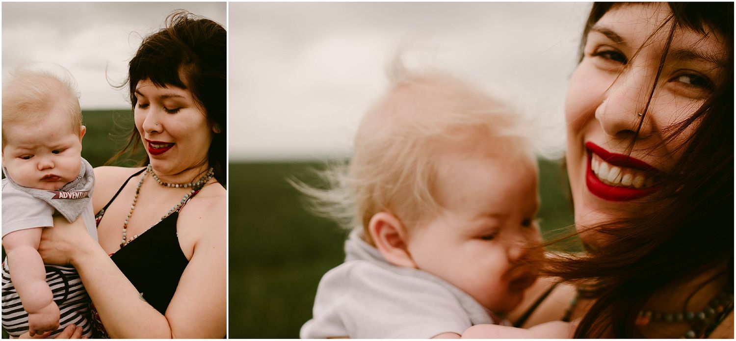 Joyful candid moments between parent in floral dress and baby captured side by side.