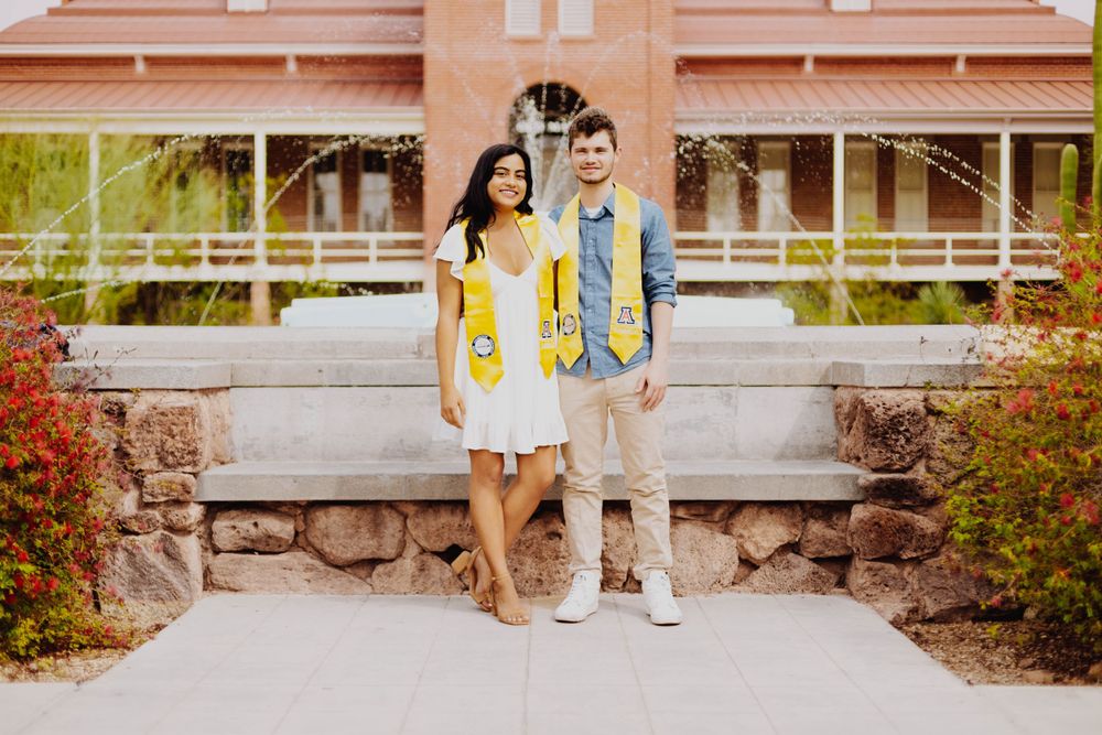 College graduation photos captured on campus with decorative stoles.
