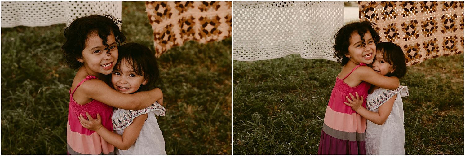 Side-by-side shots of children embracing with patterned textile backdrop.
