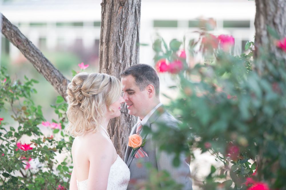 Wedding couple shares intimate moment surrounded by pink flowering bushes.