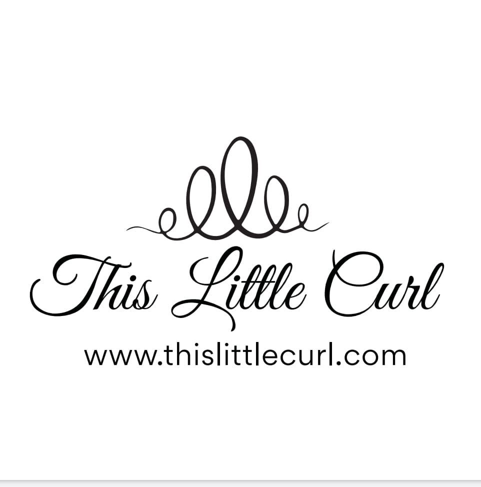 Elegant black script logo design for 'This Little Curl' with decorative curled line accent.