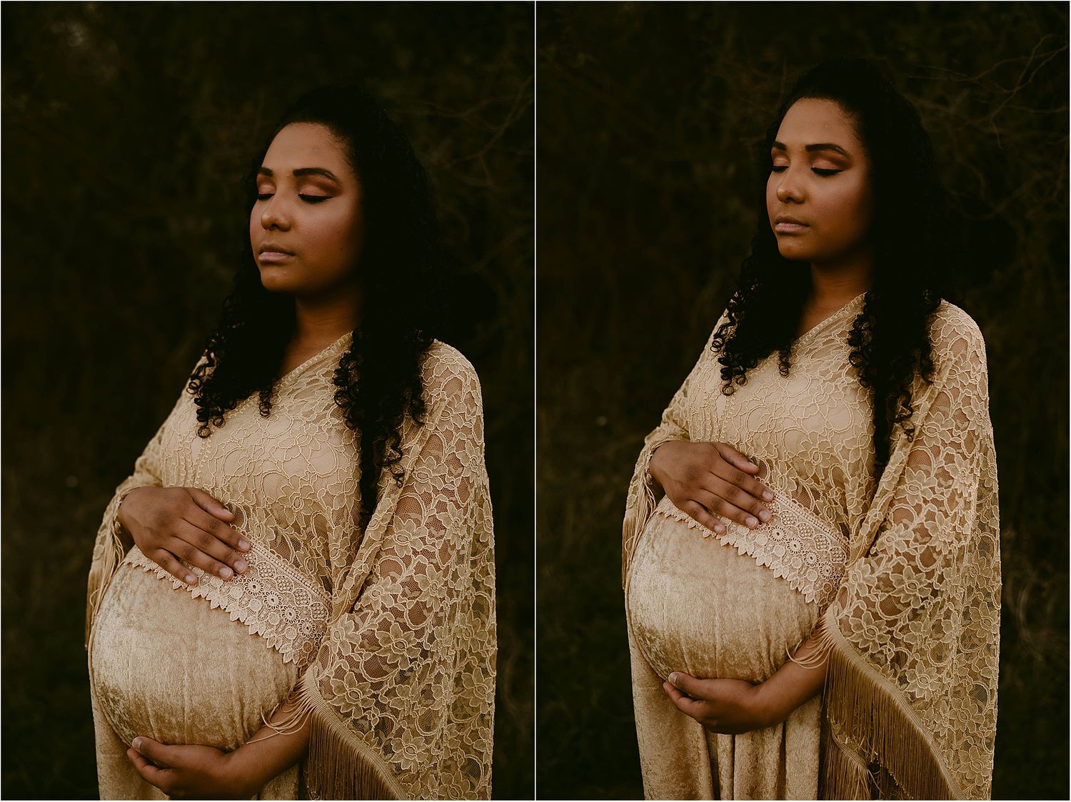 Close-up maternity diptych showing gentle moment with cream lace dress in moody lighting.