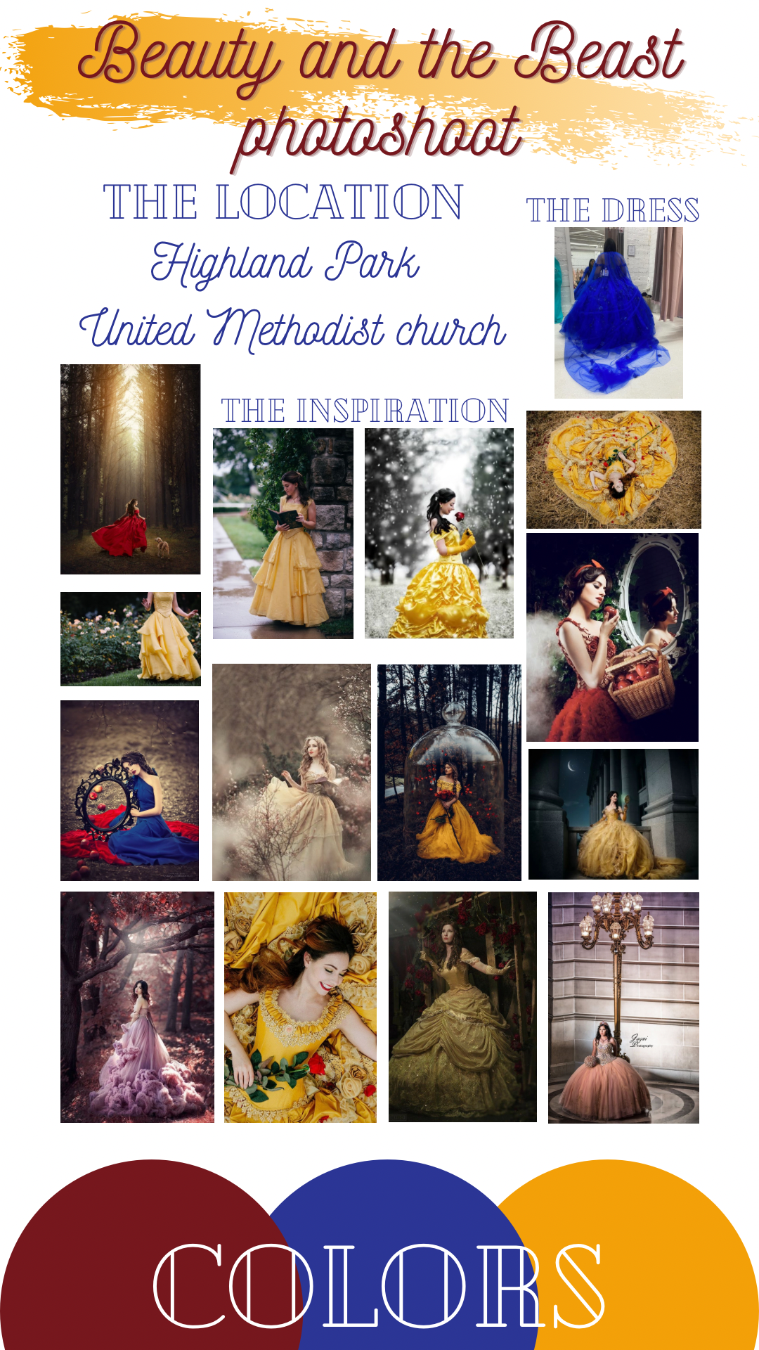 Beauty and the Beast themed inspiration board featuring yellow ball gowns and romantic imagery.