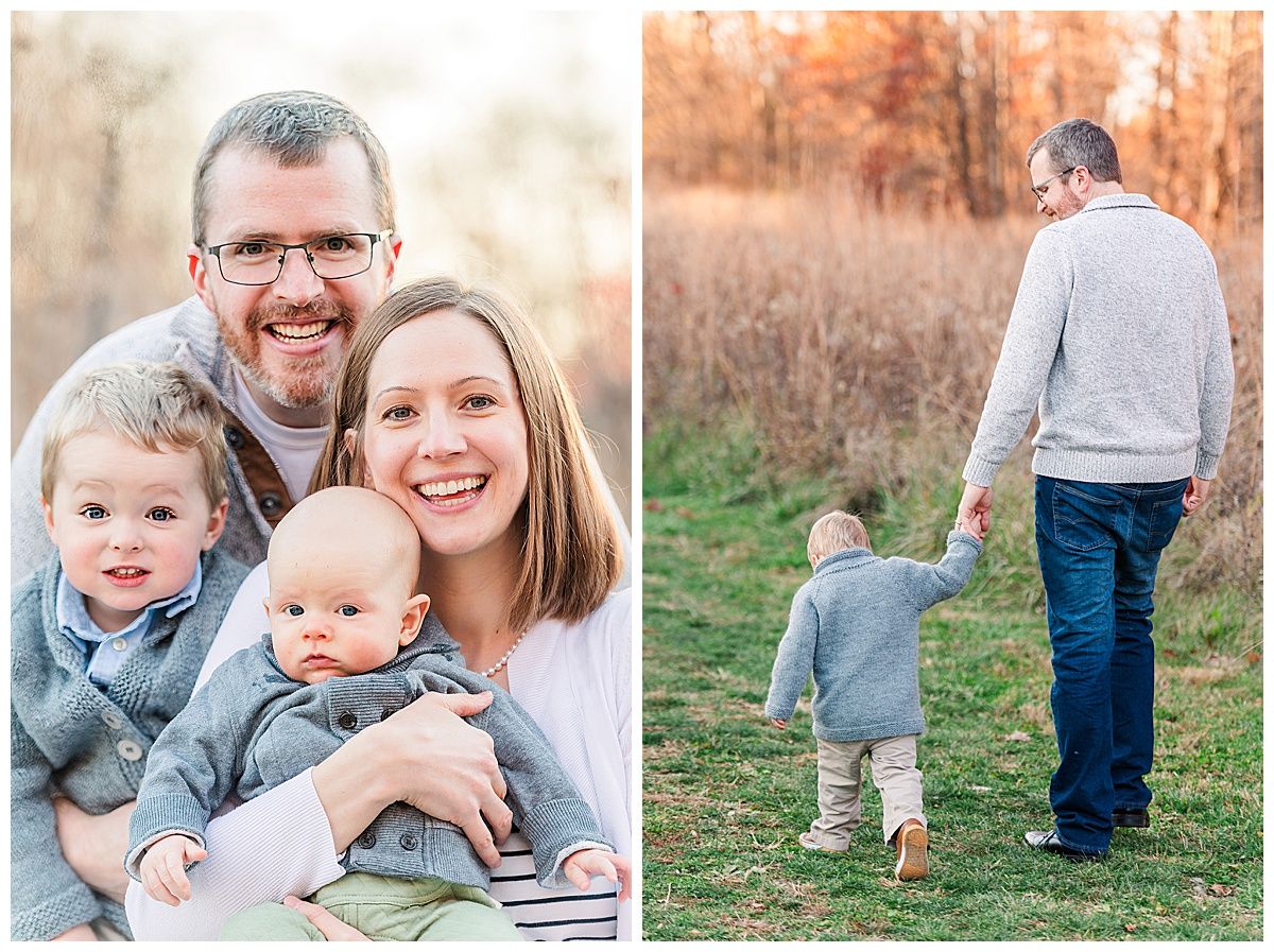 Close and cozy family portrait and picture of father and son walking through Zionsville Starkey Park in November