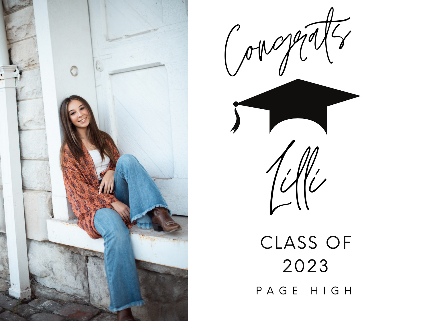 Graduation announcement for Page High featuring casual portrait and graduation cap graphic.