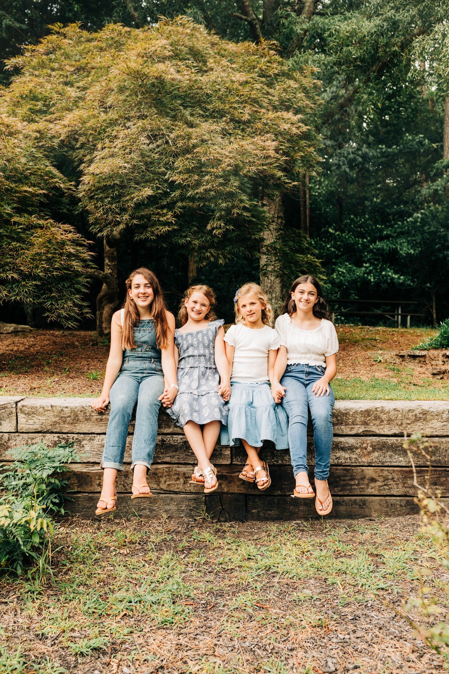 Four people sit casually on a wooden retaining wall with autumn foliage in background.