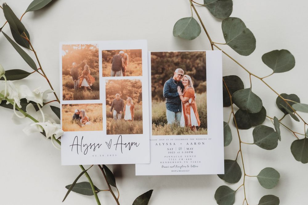 Save the date announcement card styled with eucalyptus leaves and engagement photos.