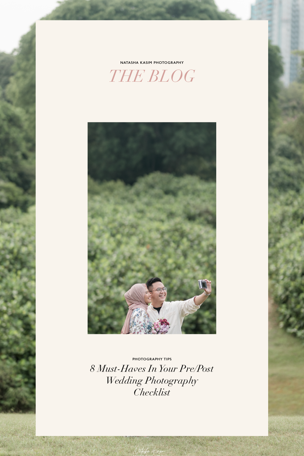 A blog photography layout featuring outdoor couple portraits with white frames and text.