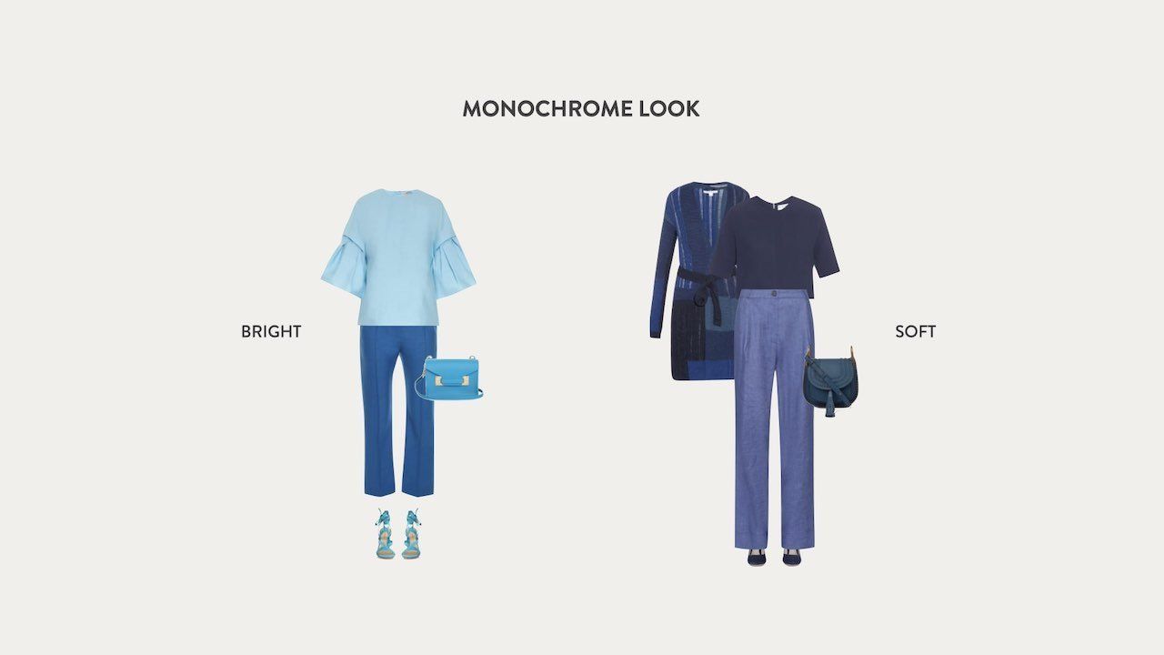 Two monochromatic outfits in blue tones with matching accessories and shoes.