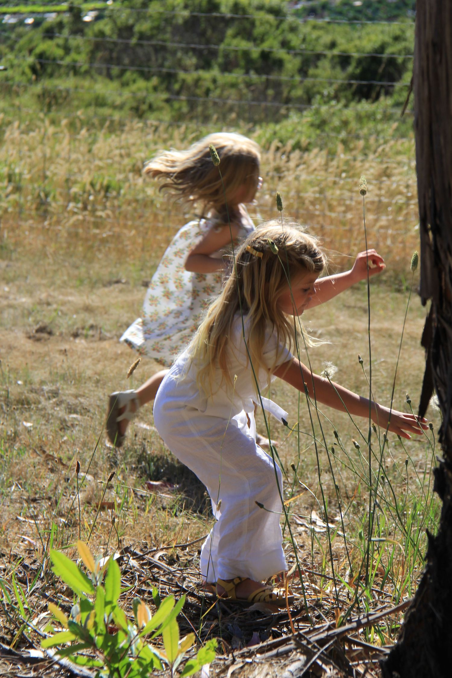 Two children in white dresses running and playing in sunny field.