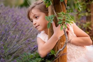 Pretty young girl in pink dress peeks around vine-covered wooden post in a purple lavender field.