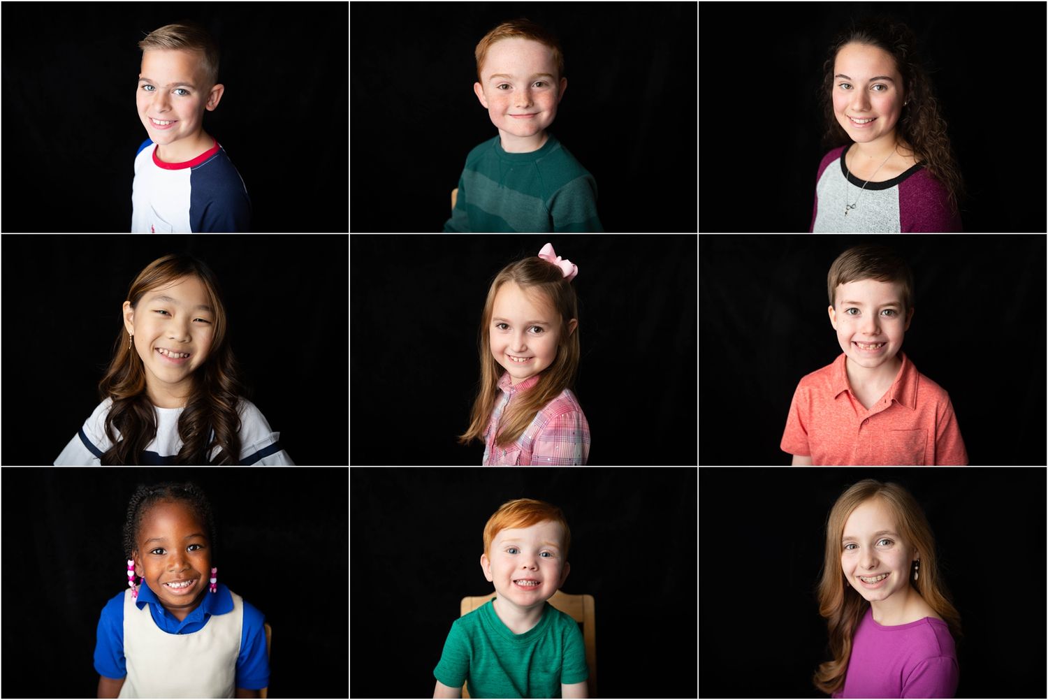 Grid of nine school portrait style headshots of diverse children against black background.