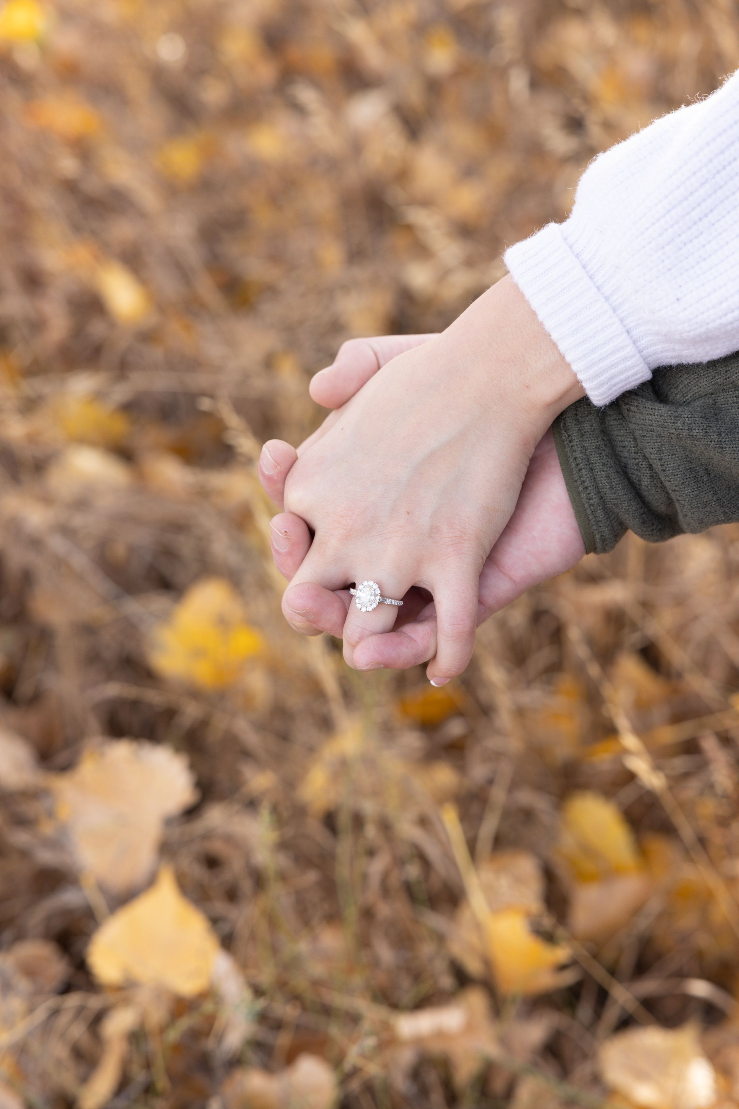 Two hands clasped together with an engagement ring in an autumn setting.