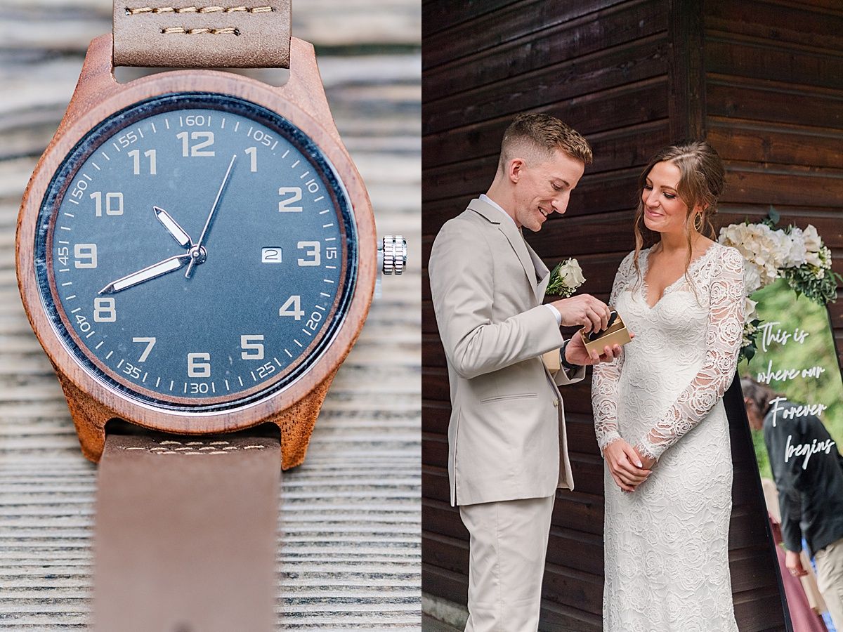 Bride giving groom gift of engraved watch captured by Indianapolis wedding photographer