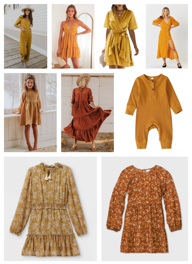 Collection of mustard yellow and rust colored dresses and clothing pieces in feminine styles.