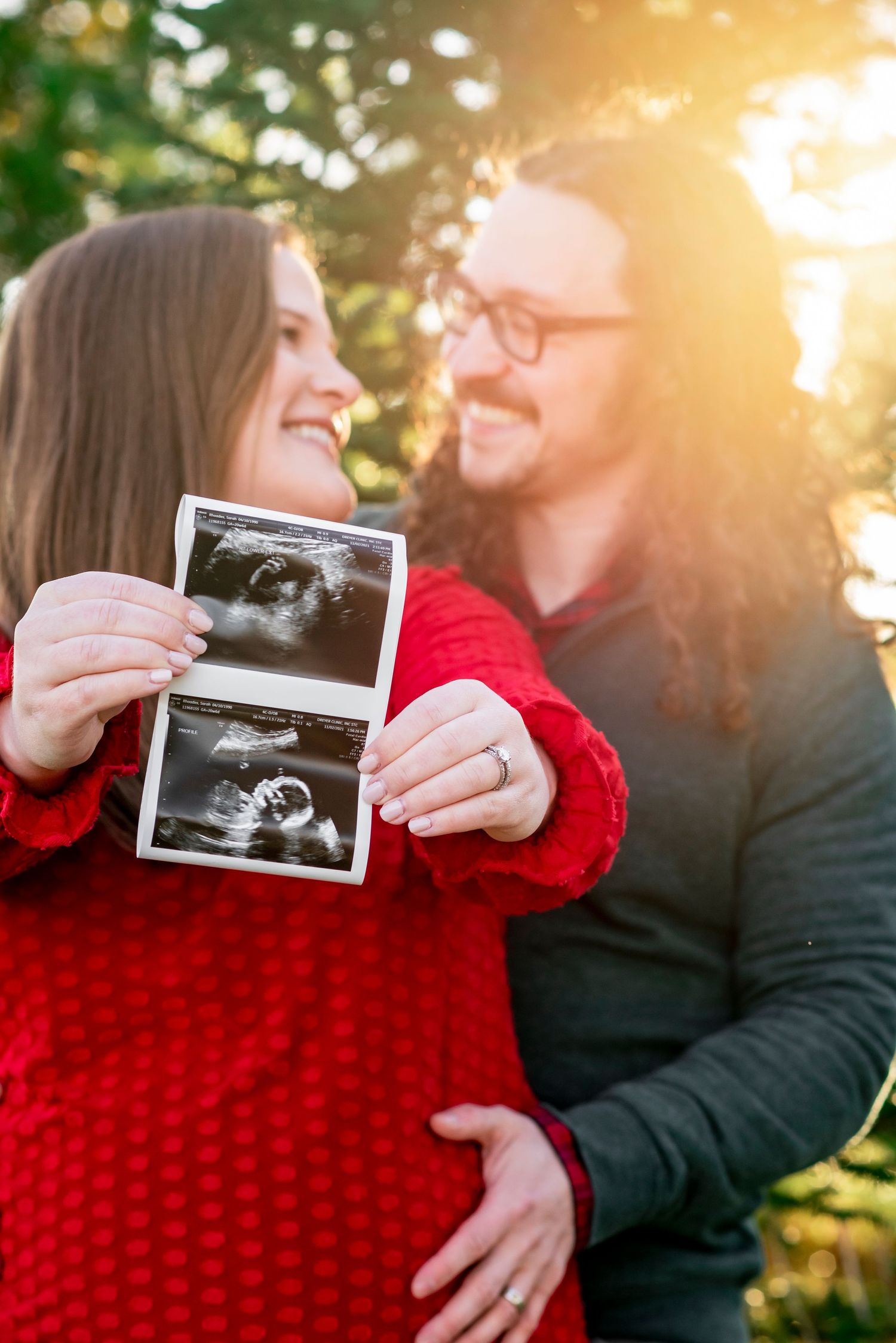 couple announcing maternity baby love newlywed tree farm sunset photo