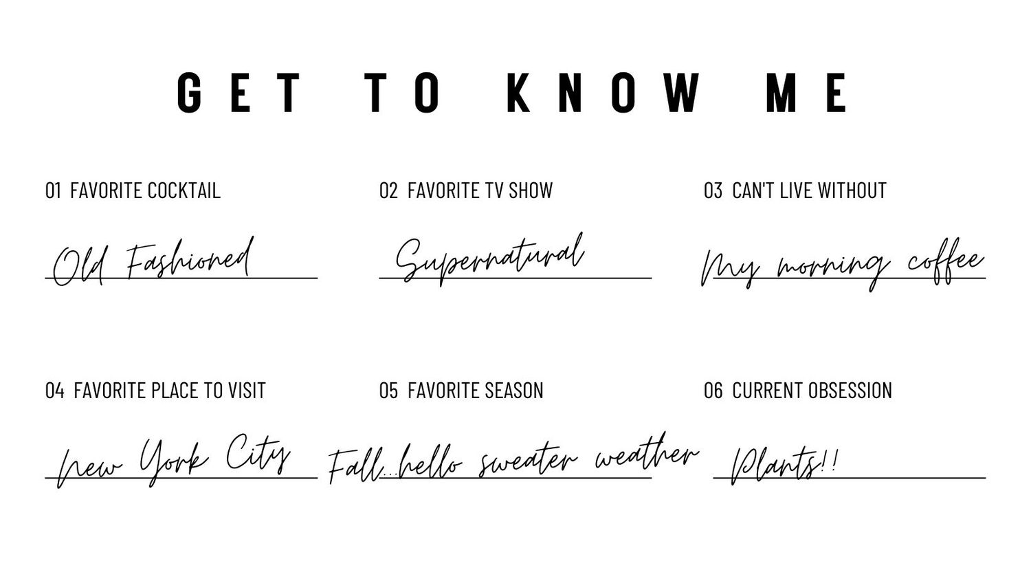 Typography layout showing 'Get to Know Me' text with various design elements.