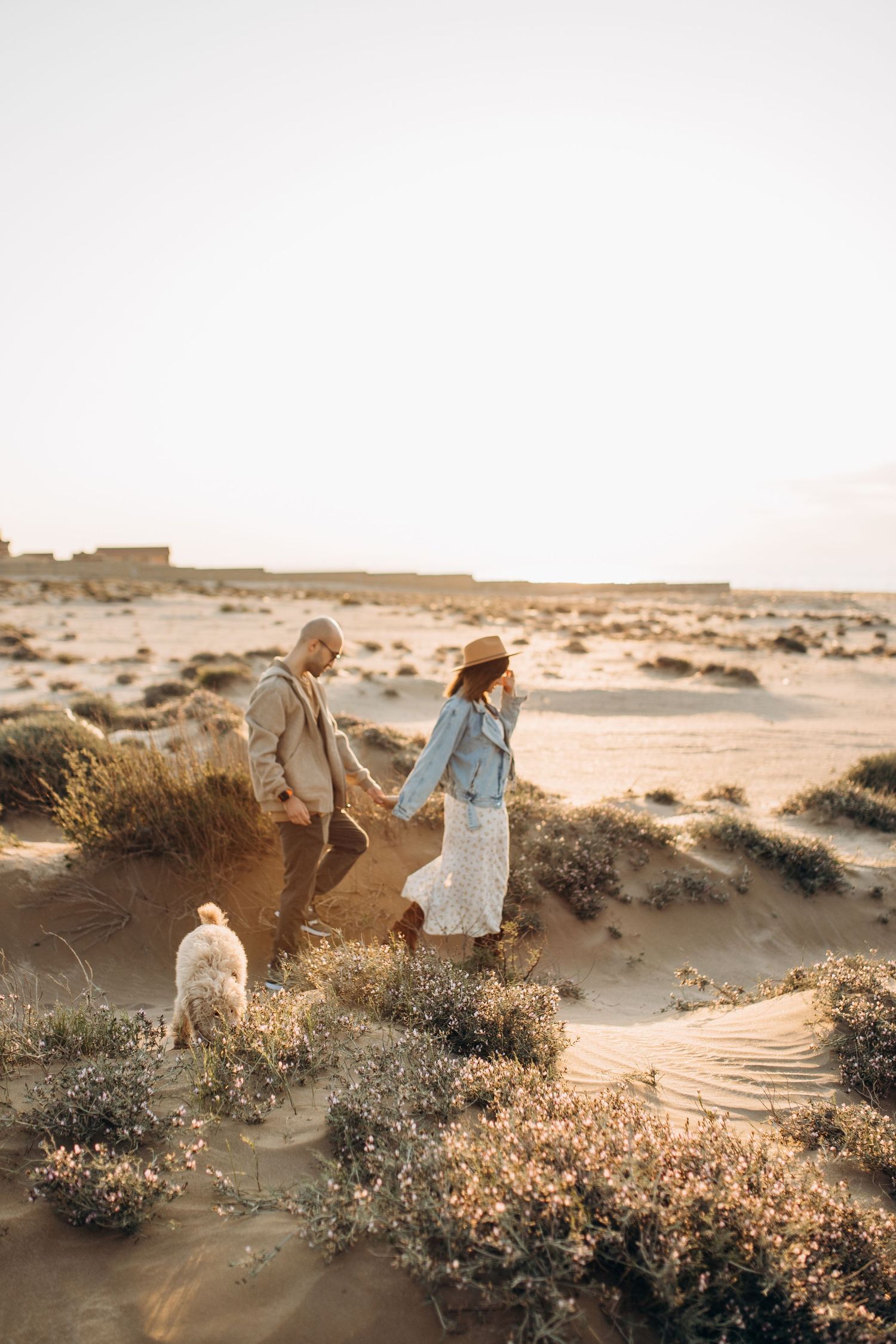 A couple hiking through desert terrain with their dog during golden hour.