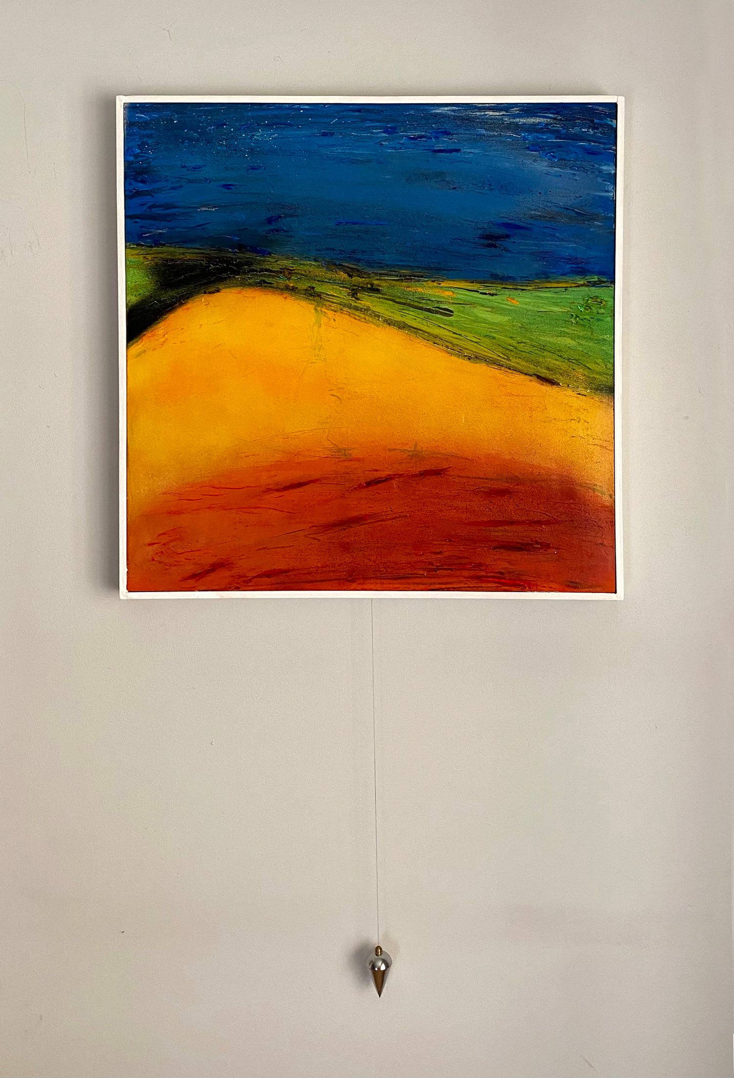 'Sea State III' mixed media painting on canvas with a plumbob. Red, yellow, green and blue beach landscape.