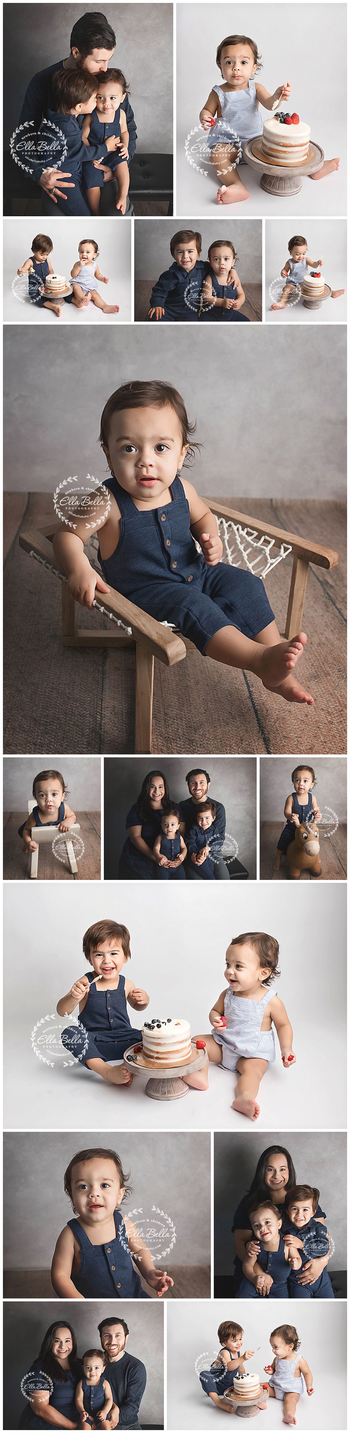 Professional family photo session featuring cake smash and casual portraits.
