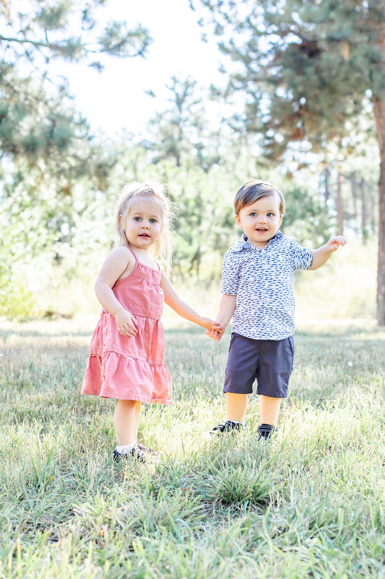 Toddler cousins hold hands in the grass in Black Forest, Colorado.