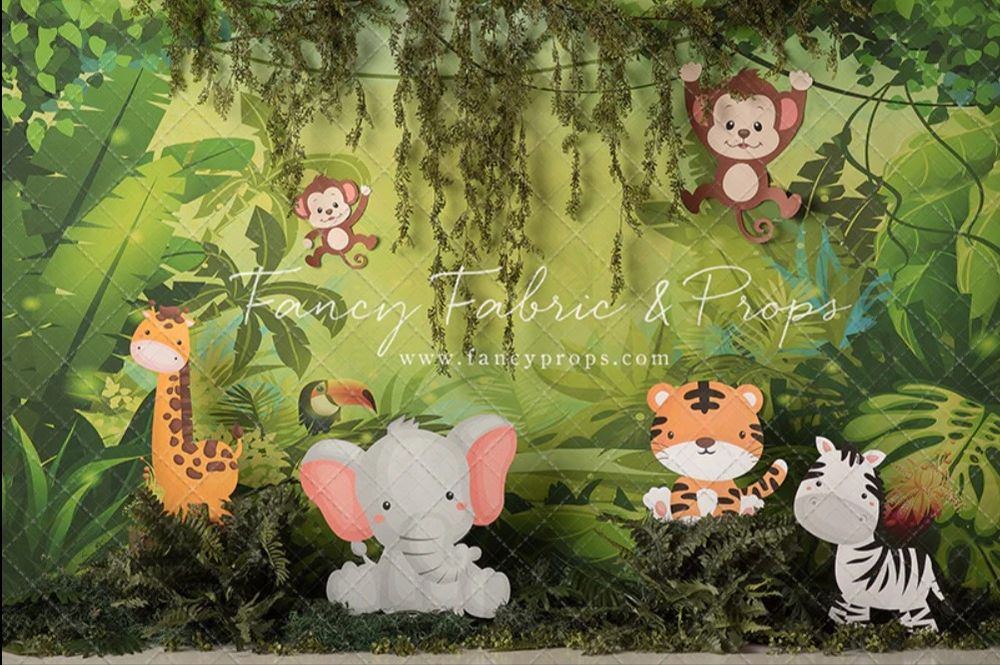 Cute jungle themed backdrop with cartoon safari animals in lush green setting.