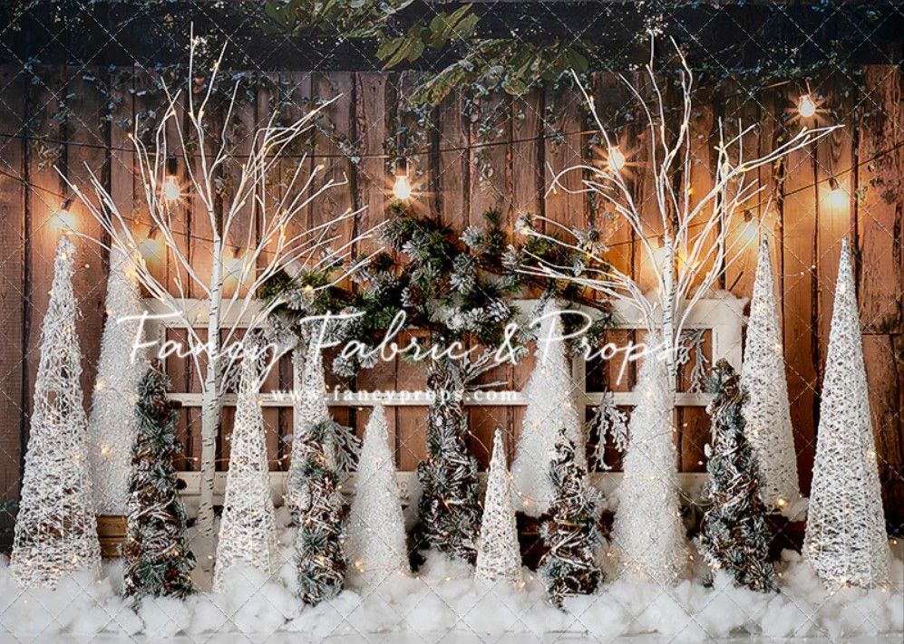Winter forest photography backdrop with illuminated white trees and snow covered ground.