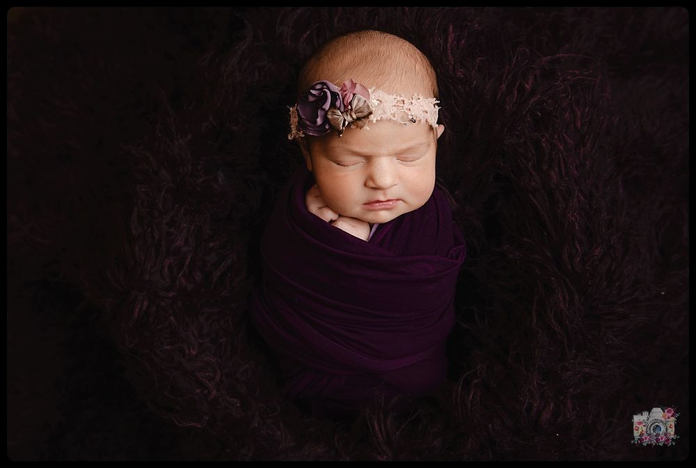 Newborn wrapped in dark purple swaddle with floral headpiece.