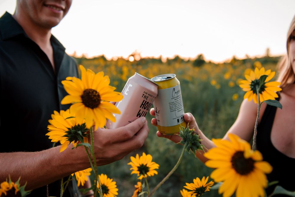 Close-up of hands holding drinks among tall sunflowers.
