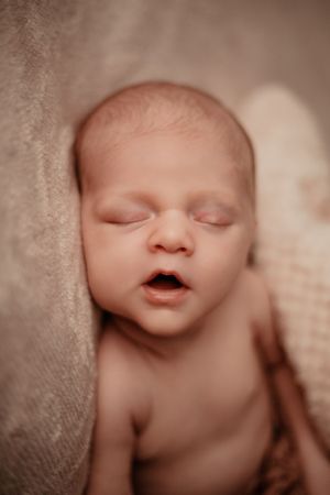 Close-up macro shots of a sleeping newborn's facial features in sepia tones.