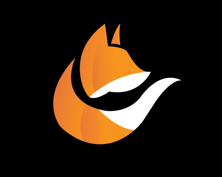 Abstract orange fox logo design elements on black background.